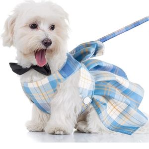 NEW POTCH Blue Plaid Dog Dress Bow Tie Harness Harness Dress Cute Girly Small